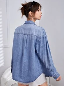 Patched Pocket Drop Shoulder Denim Shirt - Light Wash - View 2