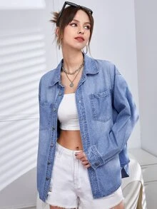 Patched Pocket Drop Shoulder Denim Shirt - Light Wash - View 3