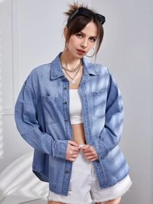 Patched Pocket Drop Shoulder Denim Shirt - Light Wash - View 4