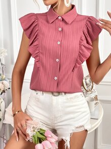 SHEIN Privé Ruffle Trim Button Front Shirt - Pink - View 1
