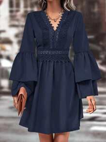 SHEIN Clasi Guipure Lace Insert Flounce Sleeve Dress - Navy Blue - View 1