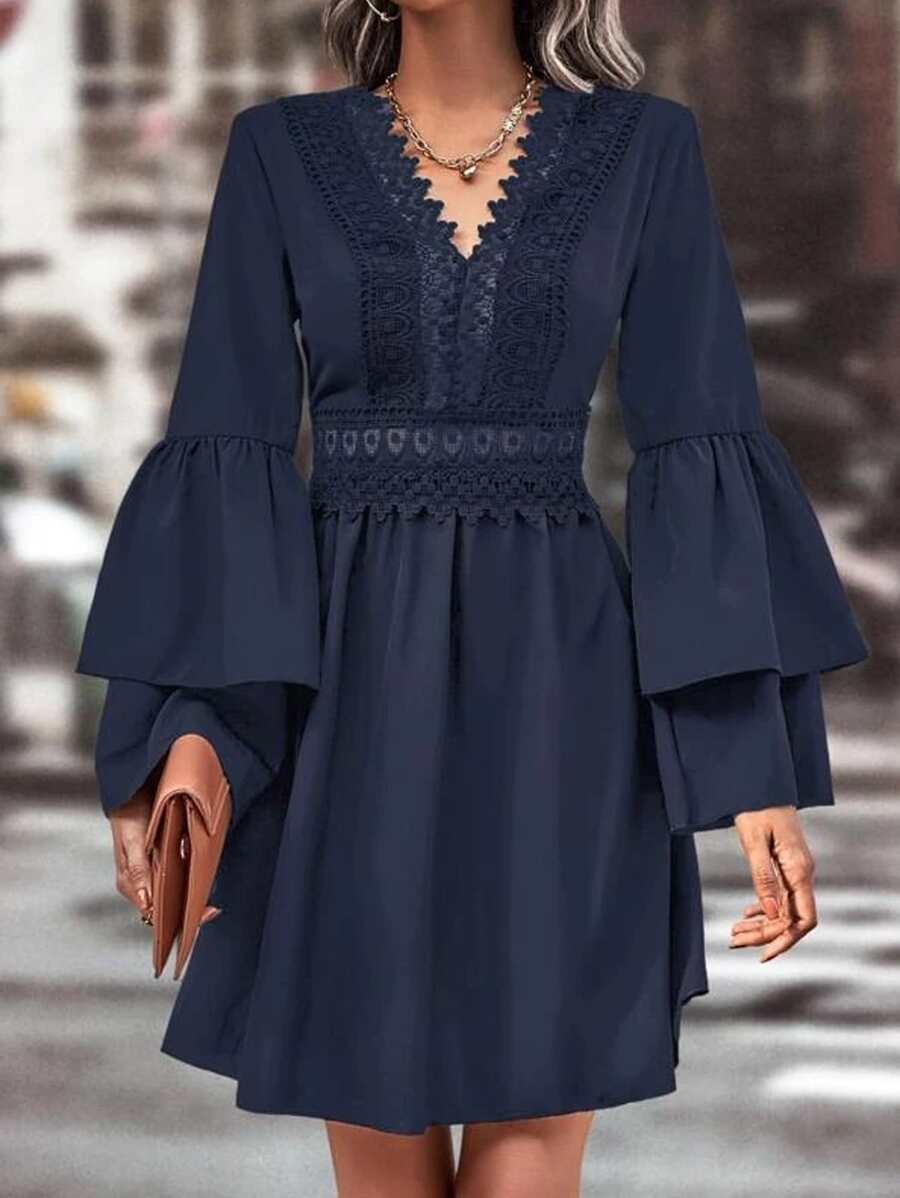 SHEIN Clasi Guipure Lace Insert Flounce Sleeve Dress - Navy Blue - View 1