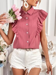 SHEIN Privé Ruffle Trim Button Front Shirt - Pink - View 6