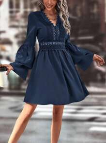 SHEIN Clasi Guipure Lace Insert Flounce Sleeve Dress - Navy Blue - View 5