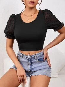 SHEIN Essnce Swiss Dot Puff Sleeve Crop Top - Black - View 1