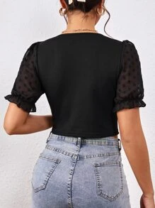 SHEIN Essnce Swiss Dot Puff Sleeve Crop Top - Black - View 2