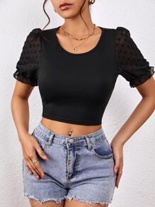SHEIN Essnce Swiss Dot Puff Sleeve Crop Top - Black - View 3