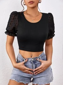 SHEIN Essnce Swiss Dot Puff Sleeve Crop Top - Black - View 6