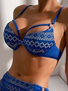 地理印花加厚款夏季沙灘比基尼泳裝套裝 - 寶藍色 - 查看 3