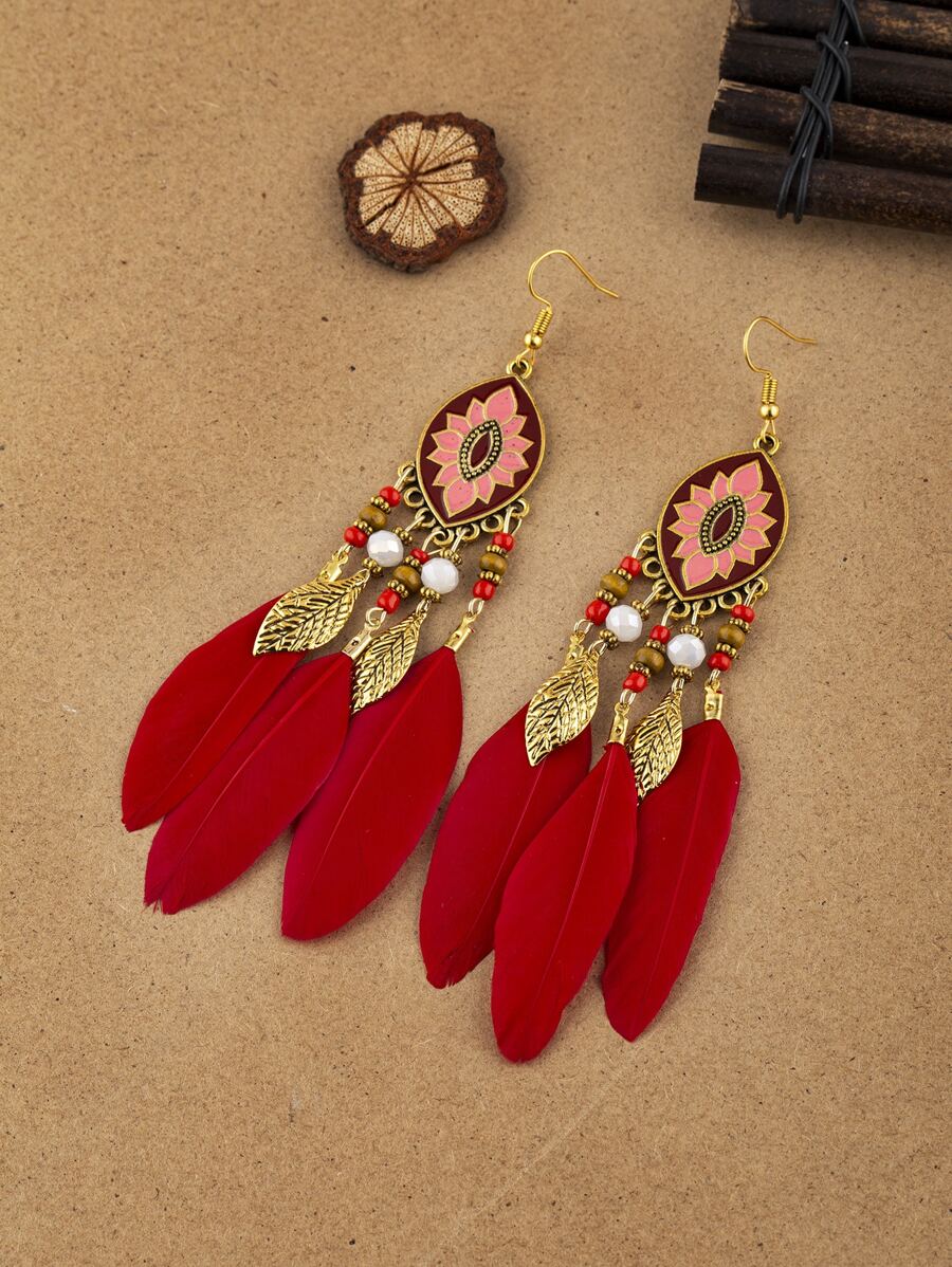 Feather & Bead Decor Drop Earrings - Multicolor - View 1