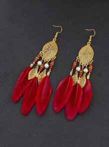 Feather & Bead Decor Drop Earrings - Multicolor - View 2