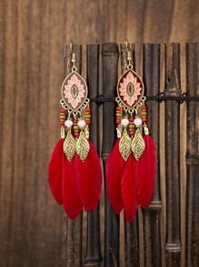 Feather & Bead Decor Drop Earrings - Multicolor - View 5