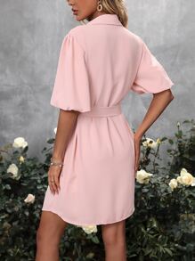 SHEIN LUNE Solid Button Front Belted Shirt Dress - Pink - View 2