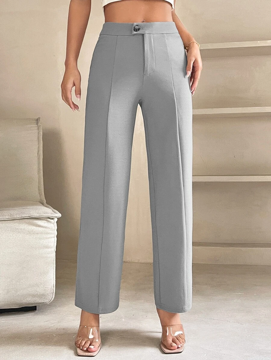 高腰接縫細節長褲 - 灰色 - 查看 1