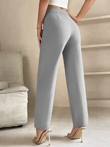 高腰接縫細節長褲 - 灰色 - 查看 2