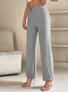 高腰接縫細節長褲 - 灰色 - 查看 3