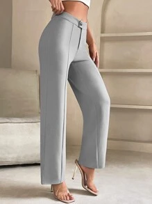 高腰接縫細節長褲 - 灰色 - 查看 4