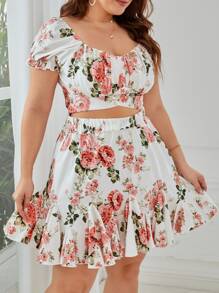 SHEIN VCAY Top crop con estampado floral & Falda bajo con fruncido - Multicolor - Ver 4