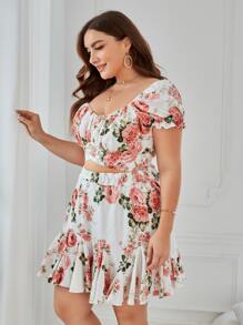 SHEIN VCAY Top crop con estampado floral & Falda bajo con fruncido - Multicolor - Ver 5