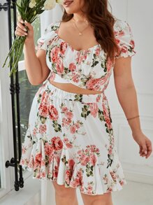 SHEIN VCAY Top crop con estampado floral & Falda bajo con fruncido - Multicolor - Ver 3