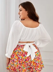 SHEIN VCAY 大碼雞心領口燈籠袖短款襯衫 - 白色 - 查看 2