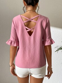 SHEIN Privé 荷葉袖素色襯衫 - 粉色 - 查看 1