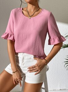 SHEIN Privé 荷葉袖素色襯衫 - 粉色 - 查看 5