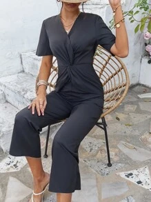 SHEIN Privé Solid Twist Front Jumpsuit - Black - View 3