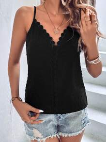 SHEIN LUNE Solid Lace Trim Cami Top - Black - View 3
