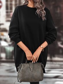 SHEIN LUNE Drop Shoulder Thermal Lined Sweatshirt Dress Pullover Fall Outfit - Black - View 3