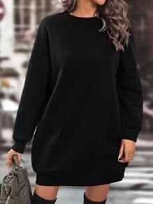 SHEIN LUNE Drop Shoulder Thermal Lined Sweatshirt Dress Pullover Fall Outfit - Black - View 4