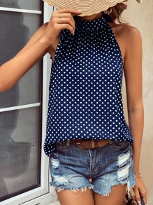 SHEIN LUNE Polka Dot Print Mock Neck Blouse