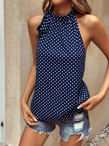 SHEIN LUNE Polka Dot Print Mock Neck Blouse