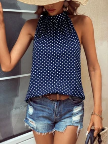 SHEIN LUNE Polka Dot Print Mock Neck Blouse