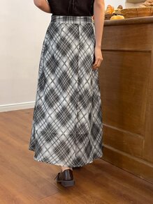 DAZY Plaid Print High Waist Skirt - Black and White - View 2