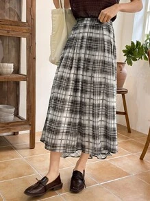 DAZY Plaid Print High Waist Skirt - Black and White - View 5