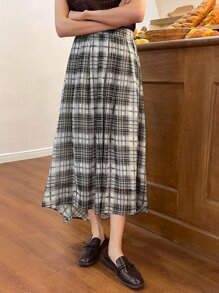 DAZY Plaid Print High Waist Skirt - Black and White - View 8