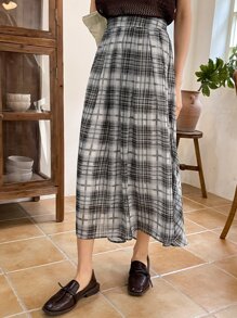 DAZY Plaid Print High Waist Skirt - Black and White - View 1