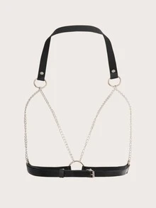 Sujetador arnés con diseño de cadena con aro O tachuela - Negro - Ver 2