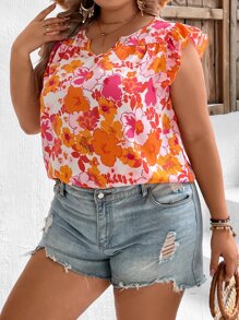 SHEIN VCAY Plus Floral Print Ruffle Trim Blouse - Multicolor - View 4