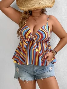 SHEIN VCAY 大碼塊狀條紋荷葉邊吊帶上衣 - 彩色 - 查看 4