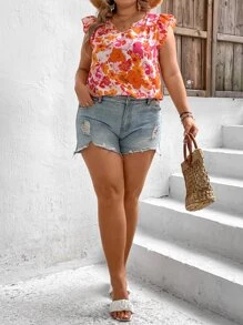 SHEIN VCAY Plus Floral Print Ruffle Trim Blouse - Multicolor - View 7