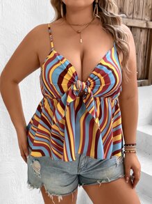 SHEIN VCAY 大碼塊狀條紋荷葉邊吊帶上衣 - 彩色 - 查看 1