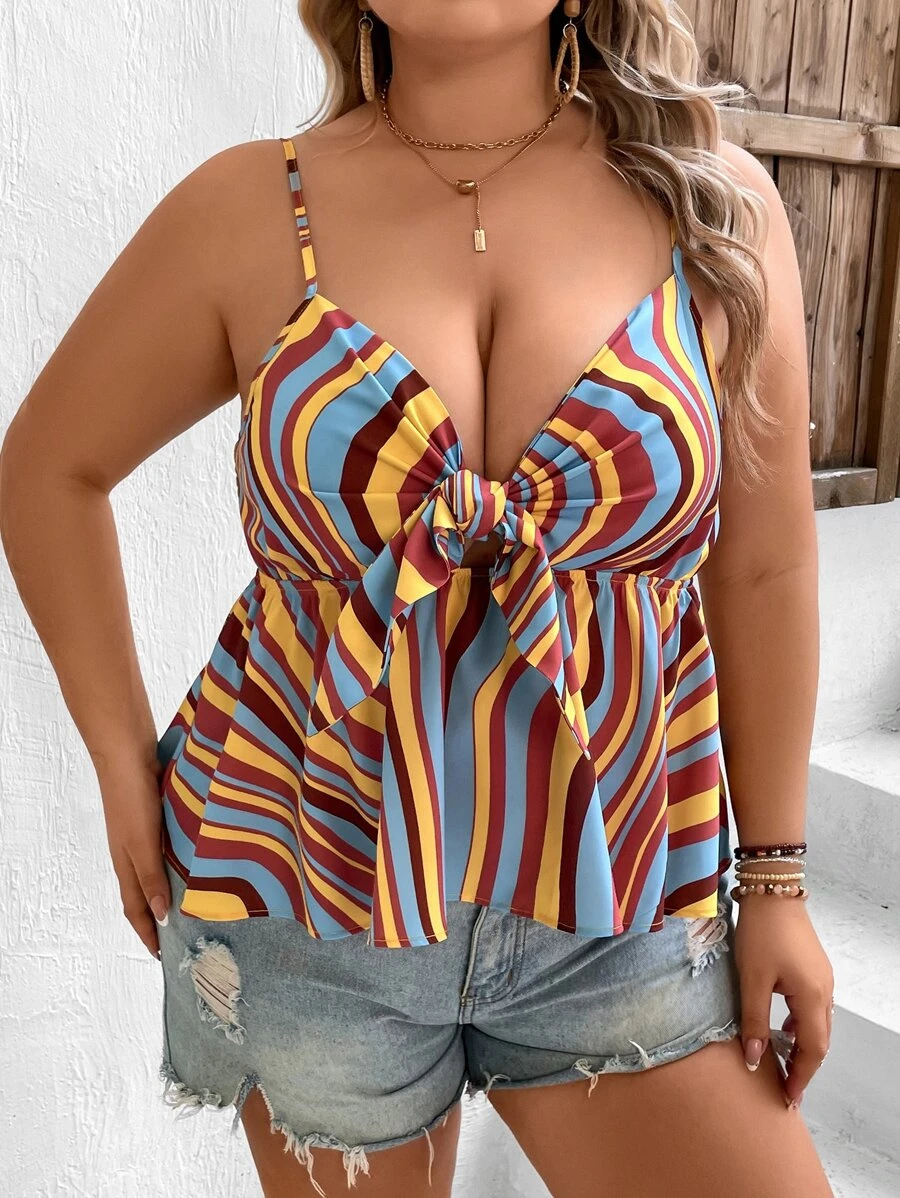 SHEIN VCAY 大碼塊狀條紋荷葉邊吊帶上衣 - 彩色 - 查看 1