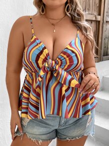 SHEIN VCAY 大碼塊狀條紋荷葉邊吊帶上衣 - 彩色 - 查看 3