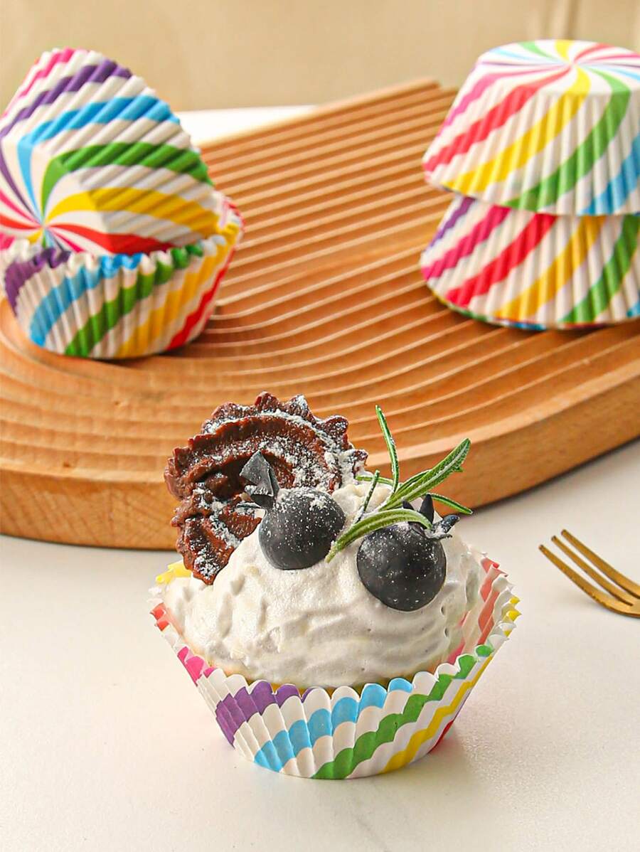 100 piezas papel para magdalenas al azar, revestimiento para magdalenas, caja para hornear magdalenas, caja para tazas, bandeja para fiestas, herramientas de decoración de pasteles, decoración para fiestas de cumpleaños - Multicolor - Ver 1