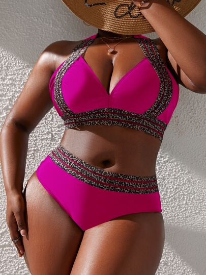 SHEIN Swim Curve 加大尺碼豹紋口袋背心平口比基尼套裝，夏季沙灘