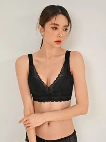 DAZY Áo ngực ren hoa viền lượn sóng dành cho nữ - màu đen - Xem 3