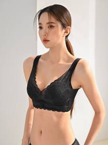 DAZY Áo ngực ren hoa viền lượn sóng dành cho nữ - màu đen - Xem 8