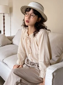 DAZY Camisa de cuello con cordón con botón delantero - Albaricoque - Ver 1